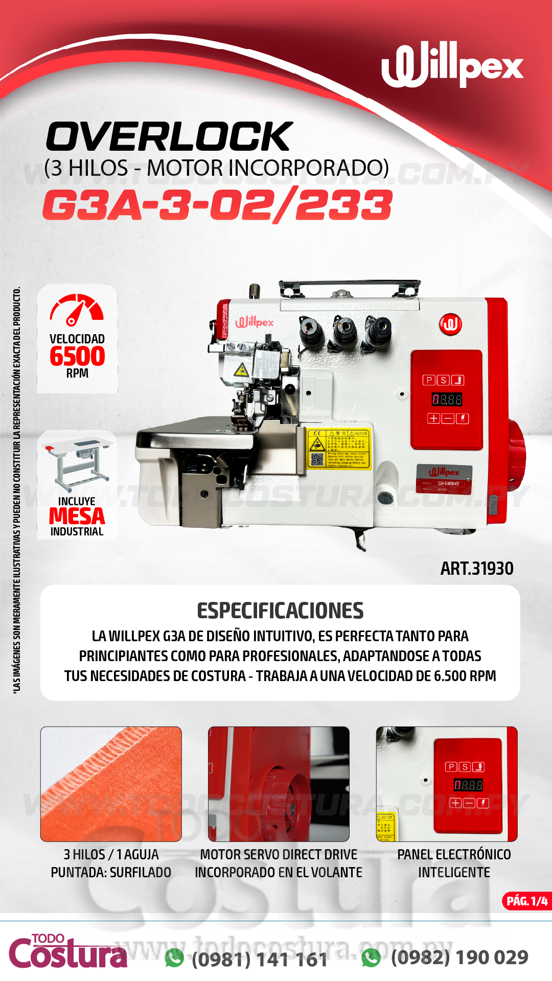OVERLOCK (3 HILOS) WILLPEX G3A-3-02/233 (MOTOR INCORPORADO)